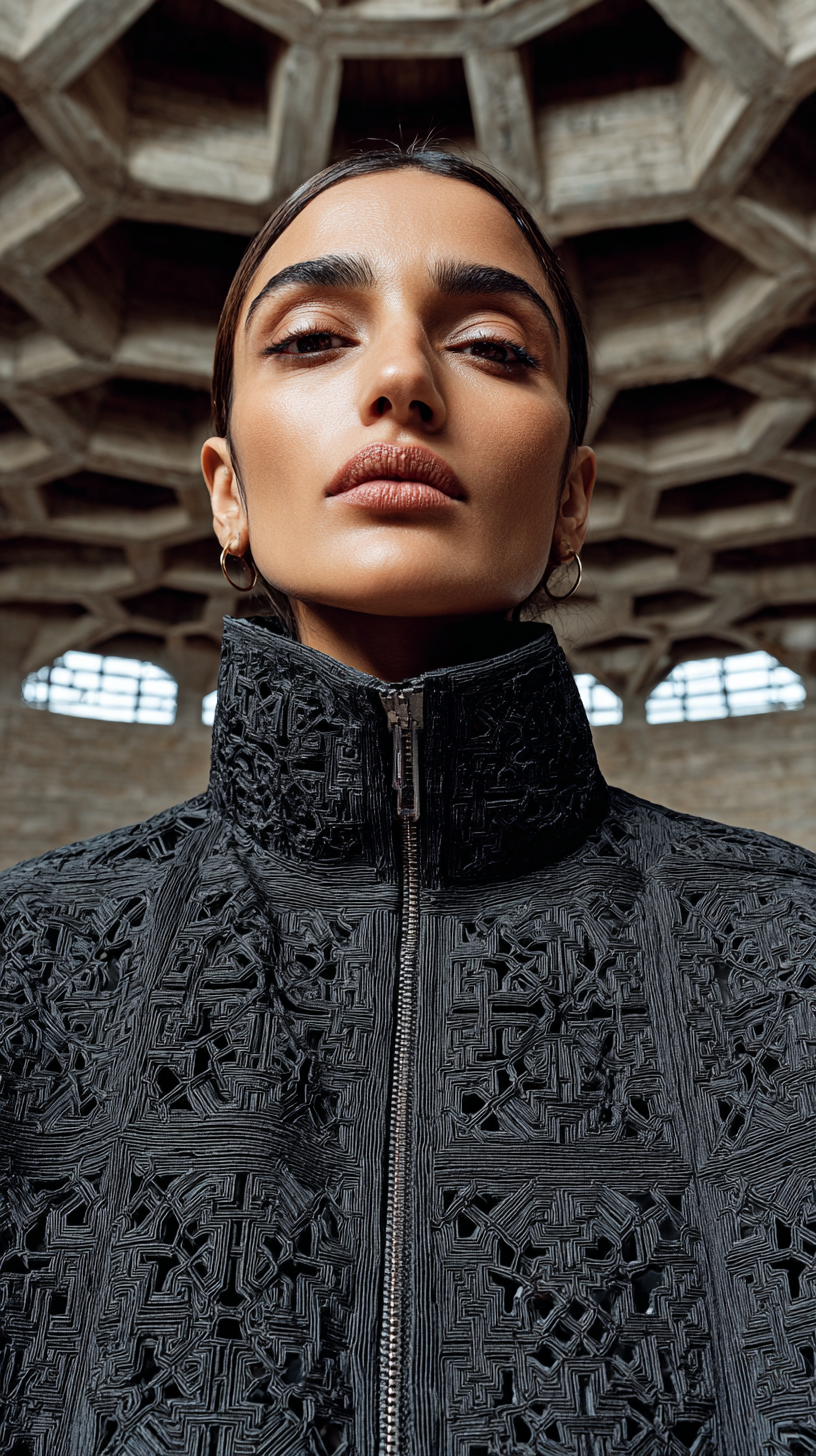 Editorial portrait, architectural ceiling