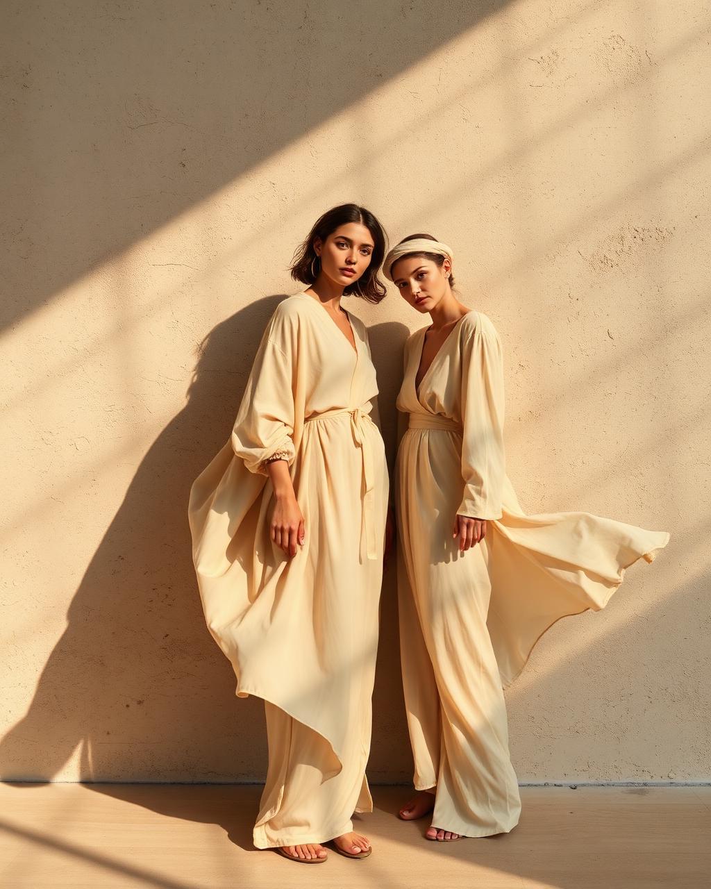 Two models in flowing linen against plaster wall