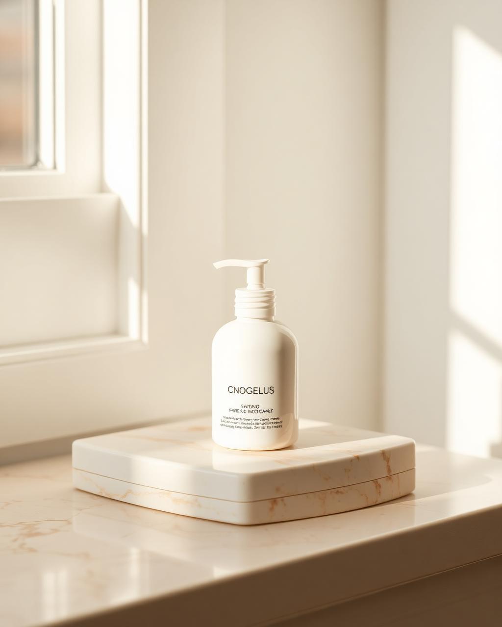 AI skincare product still on ivory marble
